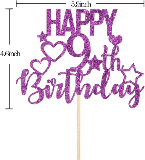 Purple Glitter Happy 9th Birthday Cake Topper for Cheers to 9 Years - Children's Birthday Party Cake Decorations...
