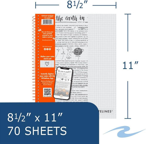 ROARING SPRING Whitelines Spiral Graph Ruled Notebook, Digitally Download Your Notes with FREE App, Premium Gray Paper, 11" x 8.5" 70 Sheets...