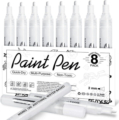White Paint Pen for Art- 8 Pack Acrylic White Paint Markers 2-3mm Medium Tip for Wood, Rock, Black Paper, Metal, Plastic, Glass, Canvas, Ceramic, ...