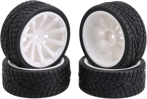 Mxfans 12mm Hex White Plastic 10-Spoke Wheel Rims & Black Fish Pattern Rubber Tires for RC 1:10 On Road Racing Car Pack of 4...