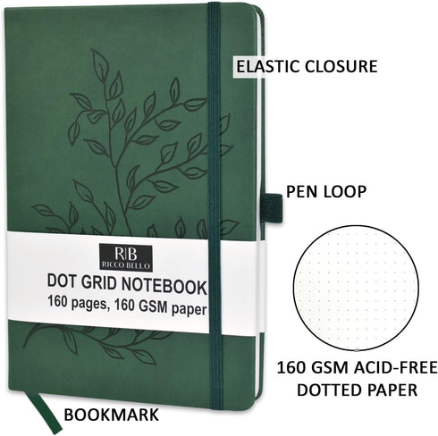 RICCO BELLO Hardcover Dot Grid Bullet Style Journal Notebook, Lay Flat Design, 5.7 x 8.4 inches, Thick 160 gsm Paper, 160 pages (Green Leaves)...