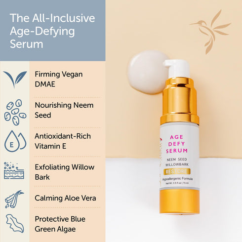 Restore Age Defying Serum - Vegan DMAE Face Firming Serum for Age Spots Removal on Face - Hypoallergenic Anti Aging Neem, White Willow, Algae, Vit...