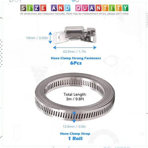 Glarks 7Pcs 10 Feet Long Worm Gear Hose Clamp with Fasteners, 304 Stainless Steel Large Adjustable Pipe Clamps with 6Pcs Fasteners for Ductwork, P...