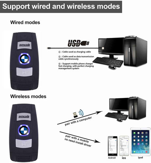 Symcode Bluetooth Barcode Scanner 1D Laser Wireless Barcode Scanner 3-in-1 BT & USB Wired & 2.4G Portable Handheld scanning Barcode Reader for Lib...