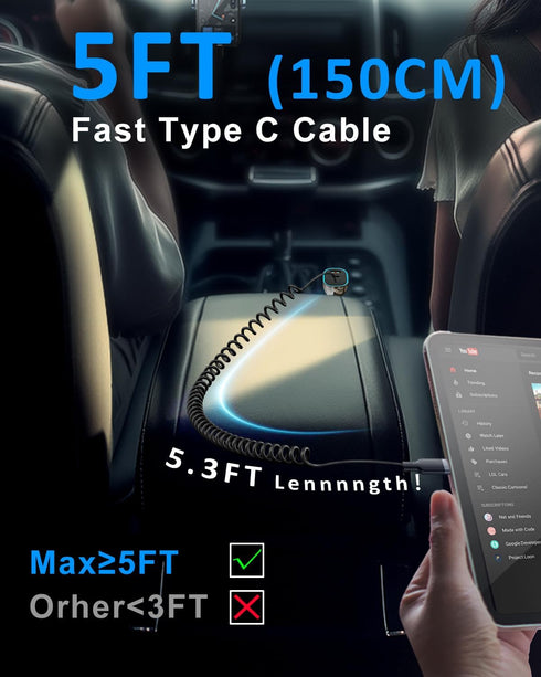 90W USB C Car Charger with 5ft 60W Type C Coiled Cable, Super Fast Car Charger Adapter with Transparent Body, Cigarette Lighter Adapter for iPhone...