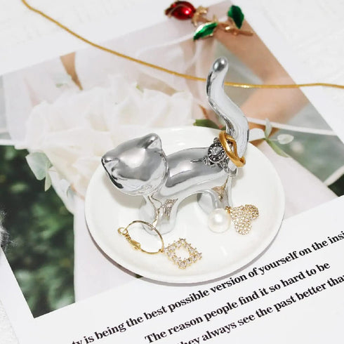 Lependor Cute Animals Cat Ring Holder Ring Dish Jewelry Holder Rings Bracelets Earrings Trinket Tray for Women Girls Birthday Gift - Silver Cat...