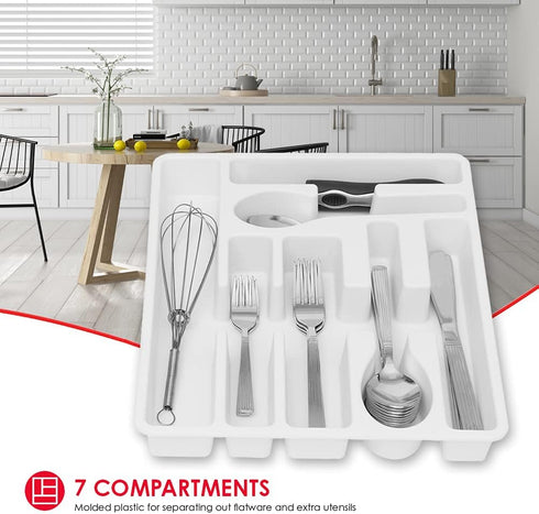 Home Basics 7 Molded Compartments Plastic Cutlery Tray (White) | Flatware and Extra Utensils Organizer | Deep Compartments | Heavy Duty | Round Co...