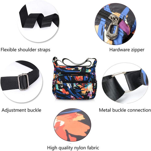 Nylon Floral Multi-Pocket Crossbody Purse Bags for Women Travel Shoulder Bag...