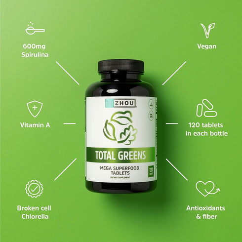 Zhou Nutrition Total Greens, Mega Superfood Tablets, Blend of Greens Supplement, Fiber and Antioxidants, Vitamin A, Spirulina, Chlorella, Alfalfa,...
