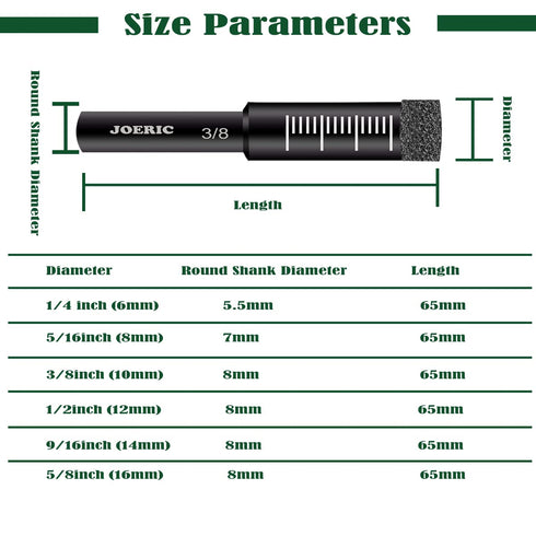6 PCS Black Dry Diamond Drill Bit Set, for Granite Marble Tile Ceramic Stone Glass Hard Materials (Not for Wood) Round Shank with Size 1/4, 5/16, ...