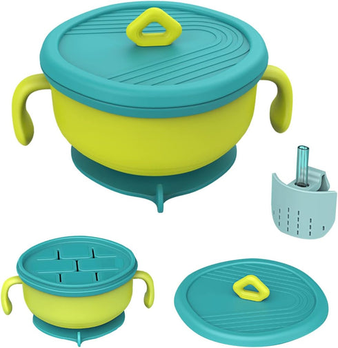 3 in 1 Baby Bowl First Stage with Lid, Straw, Snack Insert Suction Toddler Bowl - BPA Free Self-Feeding Training Toddler Utensils (Green)...