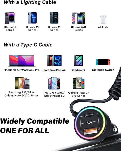 USB C 75W Super Fast Car Charger PD&QC3.0 with 6ft 45W Type C Coiled Cable,for iPhone15/14/iPad Pro/Samsung S23 Ultra/Android Phones......
