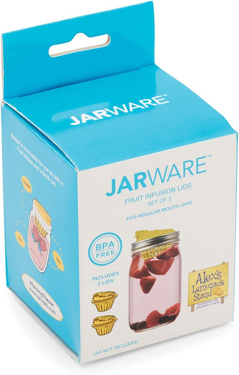 Jarware Mason Jar Fruit Infuser Drink Lid, Alex's Lemonade Stand, Plastic, Yellow, Set of 2, Regular Mouth...