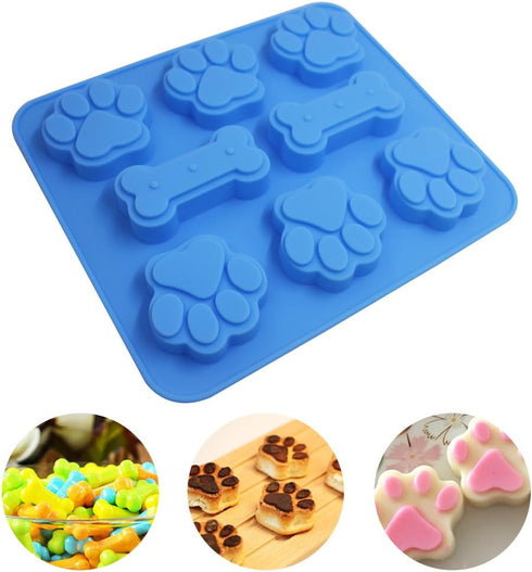 3 Pcs Silicone Molds Puppy Dog Paw & Bone Shaped 2 in 1, 8-Cavity, FineGood Reusable Ice Candy Trays Chocolate Cookies Baking Pans, Oven Microwave...