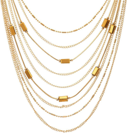 COOLSTEELANDBEYOND Gold Statement Choker Collar Necklace Waterfall Multi-Strand Chain with Rectangle Crystal Bead Charm...
