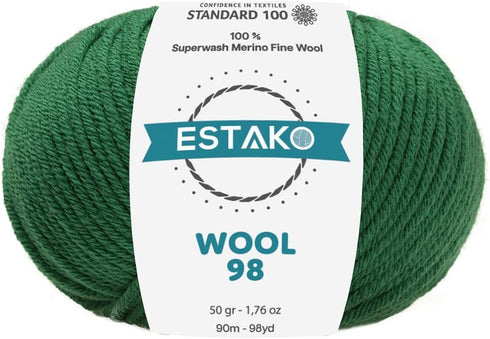 Estako Wool 98 100% Superwash Merino Wool Medium worsted weight soft Knitting and Crochet Yarn 1.76 oz (50gr) 98 yds (90 m) (6373-Green)......