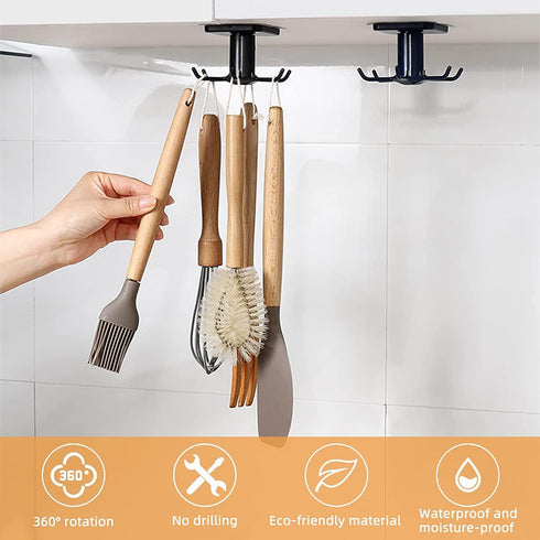 2pcs Under Cabinet Kitchen Utensil Rack,360° Rotating Under Shelf Kitchen Utility Hooks,Adhesive Kitchen Utensil Tools Storage Holder,Black...