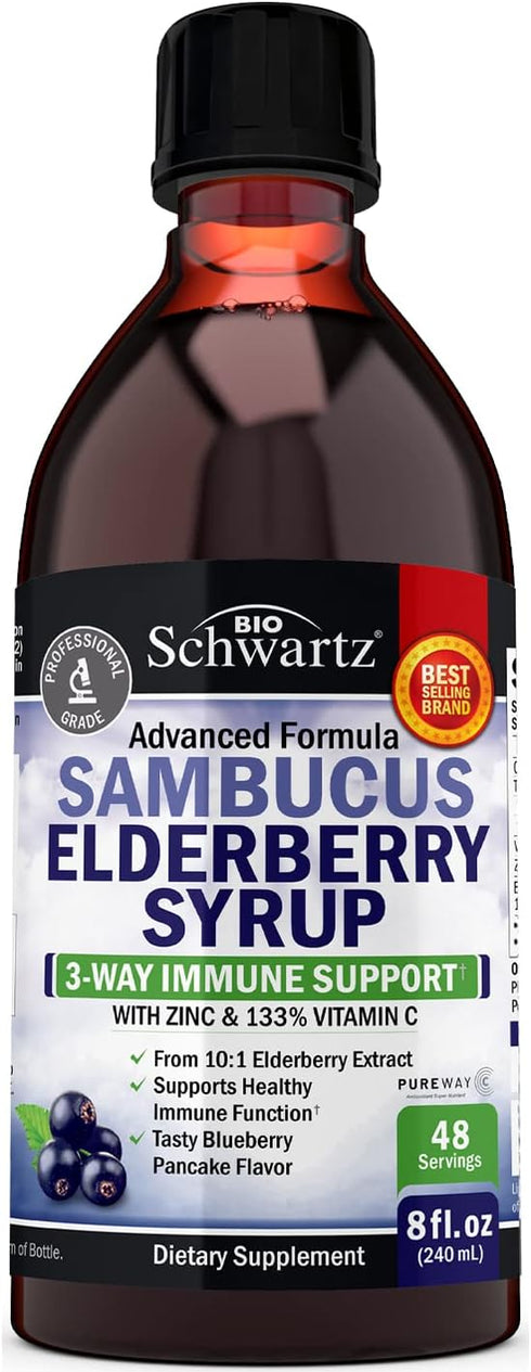 Elderberry Syrup for Kids and Adults - Natural Immune Support with Zinc and Vitamin C Plus 10x Concentrated Sambucus Elderberries - Blueberry Panc...