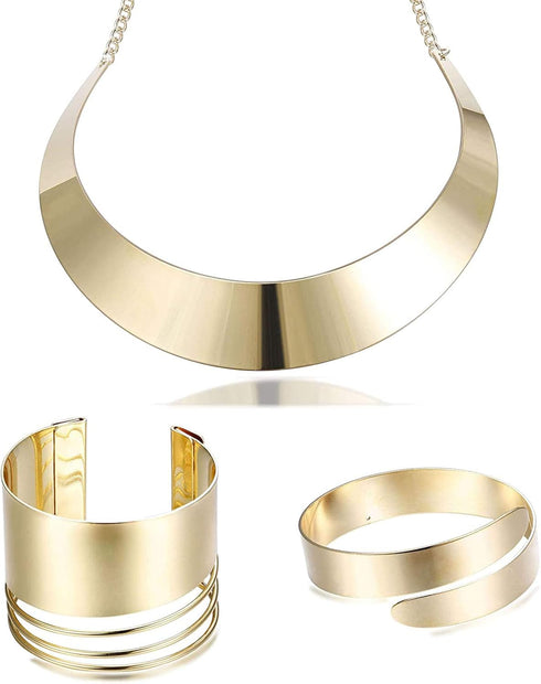 HANPABUM Women Gold Tone Choker Necklace and Cuff Bangle Bracelet Jewelry Set Exaggerated Punk Style (A:Gold Tone)...