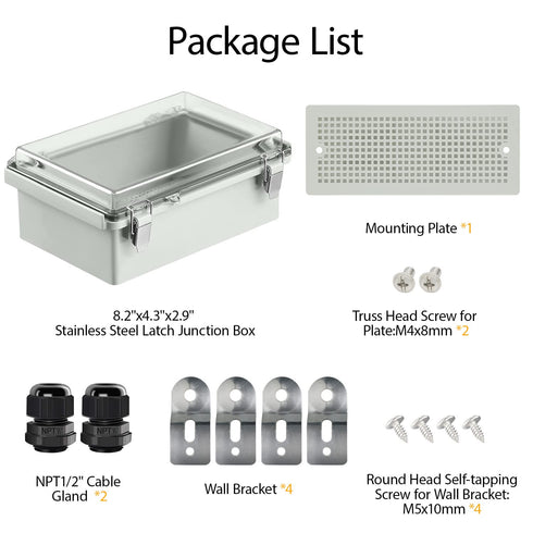 LeMotech Electrical Box, IP67 Waterproof Hinged Clear Cover Stainless Steel Latch Junction box, ABS Plastic Electrical Enclosure with Mounting Pla...