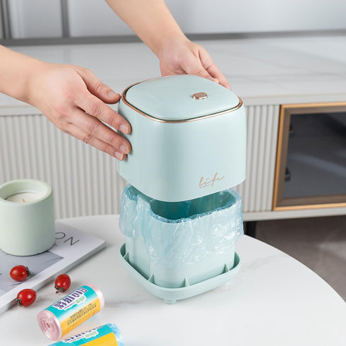 Plastic Trash can Creative Mini Desktop Trash can, with lid Small Home Office Cleaning Trash Button Desktop Storage bin, with 50 Trash Bags (Light...