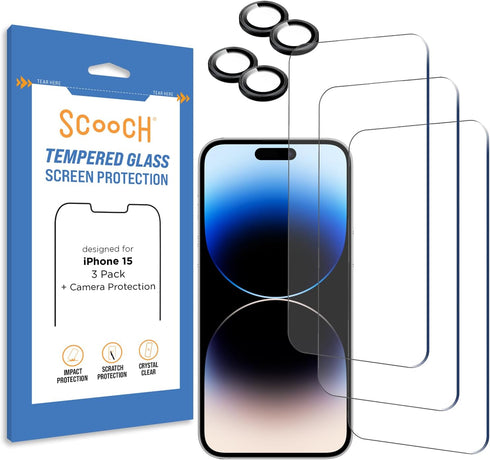 Scooch (5-in-1 iPhone 15 Screen Protector (3-Pack) with Camera Lens Protector (2-Pack) Premium 9H Tempered Glass, Anti-Scratch, Anti-Fingerprint, ...