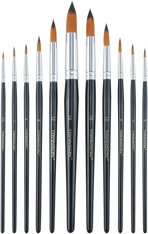 Transon 11pcs Round Paint Brush Basic Set for Watercolor, Acrylic, Gouache, Ink, and Tempera Painting...