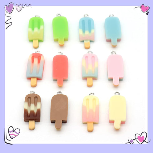 Fundiyoug 30 Pcs Ice Cream Charm Rainbow Resin Ice-Lolly Pendants Mini Popsicle Flatback Charms for DIY Earring Keychain Necklace Bracelet Jewelry...