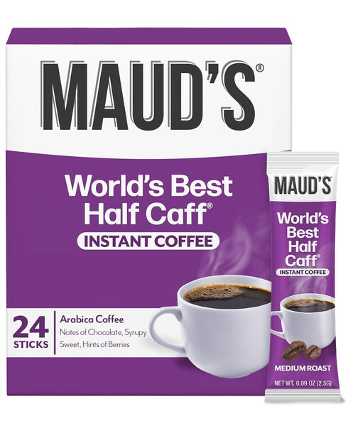 Maud's Half Caffeine Instant Coffee, 24 ct, 100% Arabica Coffee, Medium Roast, Instant Hot or Iced Coffee - Just add water...
