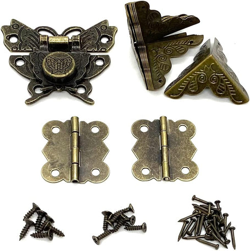 2 Sets Antique Wood Case Chest Box Hasp Latch Lock Retro Decorative Hinges and Box Corner Protectors with Screws Hardware Kit for Jewelry Box Deco...