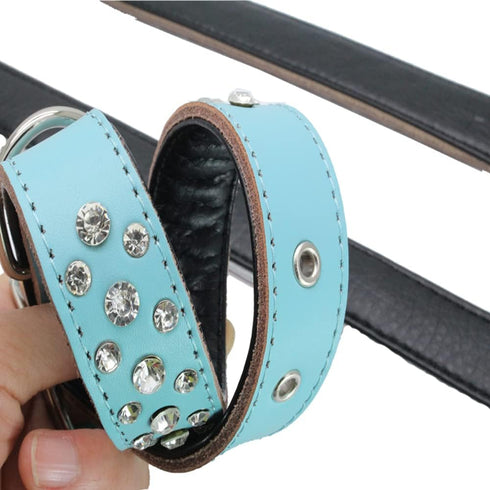 Rhinestones Dog Collar, Adjustable Sparkly Crystal Studded Genuine Leather Pet Dog Collar for Small and Medium Breeds (S fit Neck 11-13", Dark Blu...