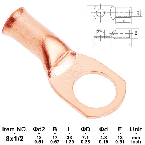 5PCS Pack Heavy Duty Battery Lugs, 8AWG 1/2in M12 Battery Cable Ends Ring Terminals, Electrical Battery Crimp Terminals Connectors...