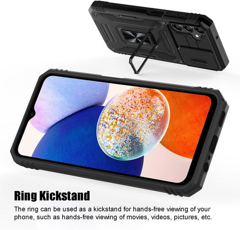 for Samsung Galaxy A14 5G Case, Shockproof Phone Case & Sliding Camera Cover & Ring Holder Kickstand with Screen Protector for Samsung Galaxy A14 ...
