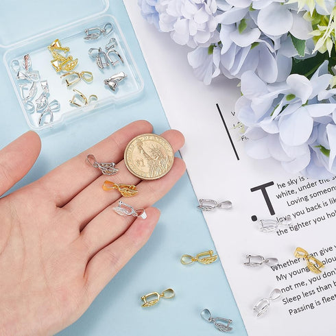 1 Box 30Pcs Jewelry Pinch Bails Snap Bail Hook Pinch Clip Hollow Leaf Curved Clasp Brass Bead Pendant Connector Clips for Jewelry Making Clasps Su...