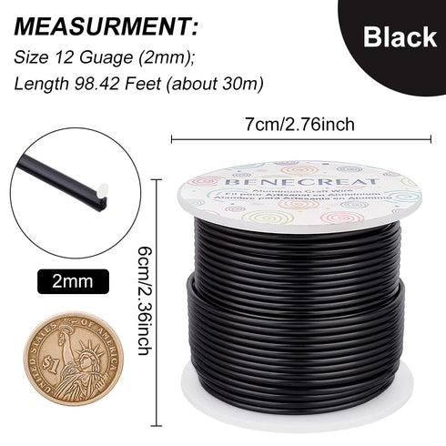 BENECREAT 12 17 18 Gauge Aluminum Craft Wire (12 Gauge,100FT) Anodized Jewelry Making Beading Floral Black Aluminum Craft Wire for Plant Gardening...