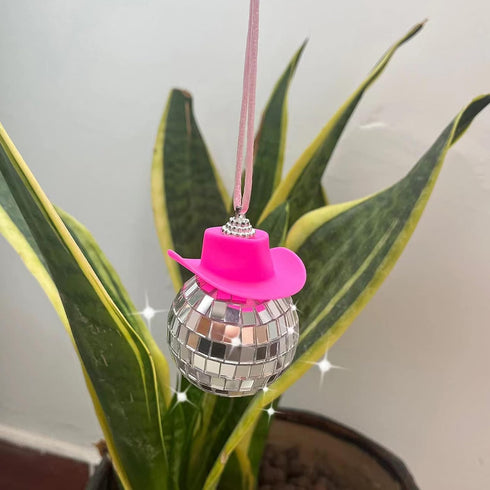 2 PCS Pink Disco Ball Cowboy Hat Car Accessory, Ball, Charm, Accessories for Women, Mini Car, Mirror Ornament...