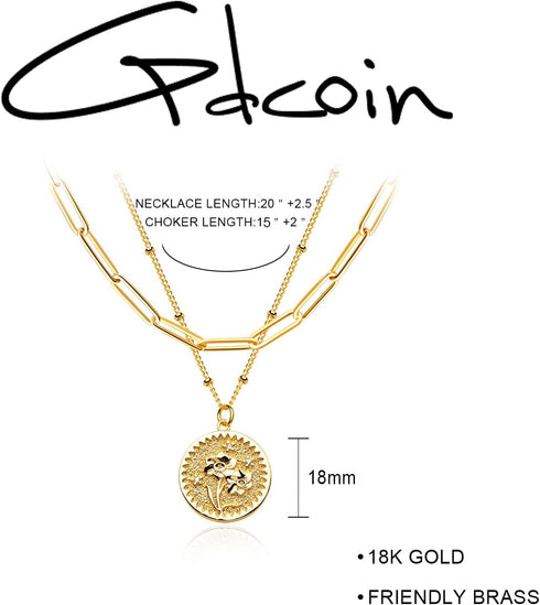 Layered Birth Flower Coin Necklace for Women 18K Gold Plated Double Layered Engraved Custom Floral Pendant Necklaces Dainty Birth Month Flower Dis...