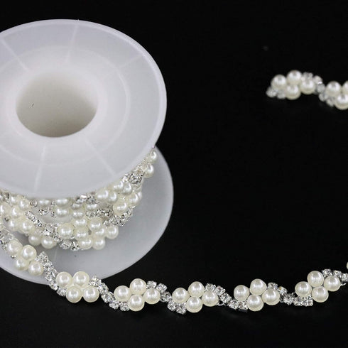 Jerler 1 Yard Pearl Rhinestone Trim, Inlaid Pearl Beaded Chain, Crystal Applique Ideal for DIY and Wedding Party Decoration Bridal Embellishments,...