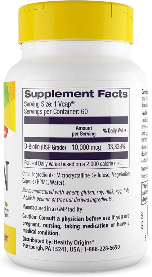 Healthy Origins Ultra-Potency Biotin (B7), 10,000 mcg - Supports Skin, Hair & Nails - High-Grade Vitamin B7 - Non-GMO, Gluten-Free Biotin for Vega...