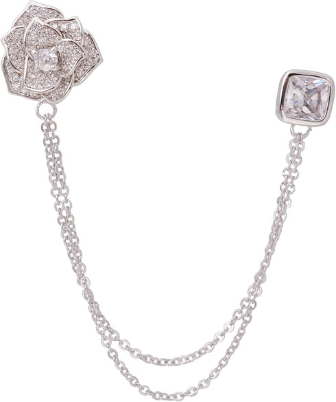 Silver Tone Crystal Rose Flower Brooches Pins with Chain Tassel Collar Lapel Pin Sweater Guard Clip Pin...