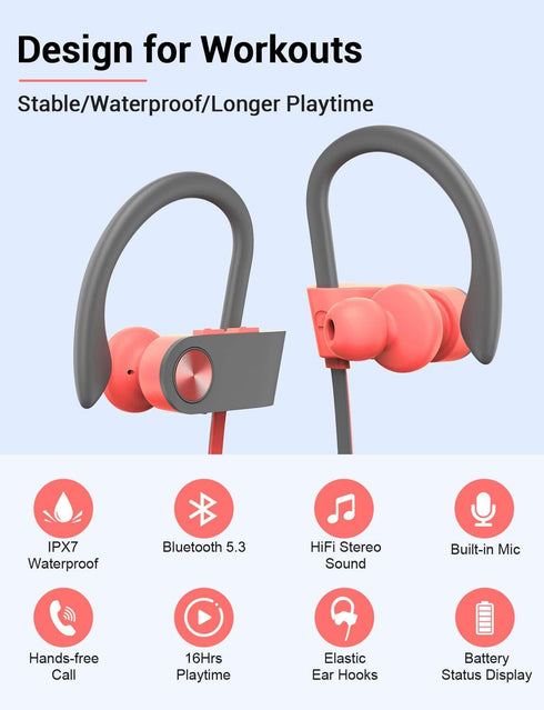 Stiive Bluetooth Headphones, Wireless Sports Earbuds IPX7 Waterproof with Mic, Stereo Sweatproof in-Ear Earphones, Noise Cancelling Headsets for G...