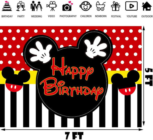 7x5FT Mickey Birthday Backdrop Happy Birthday Dots Photography Background Banner for Kids Boy Mouse Themed 1st 2nd 3rd 4th 5th Birthday Party Supp...