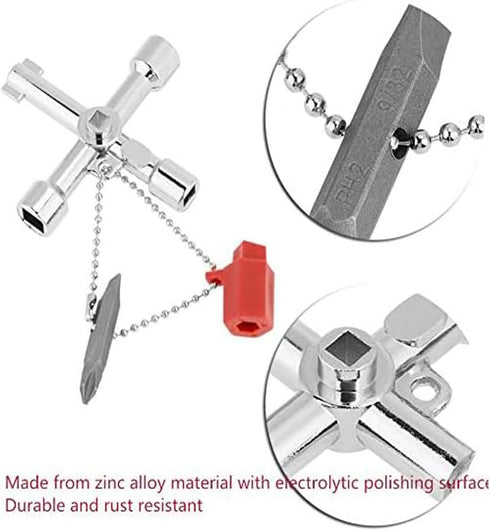 4 in 1 Universal Utilities Key, Multi-Functional Universal Cross Key with Bit Zinc Alloy Tools Electrical Cupboard Box, Train Door, Water Meter Va...