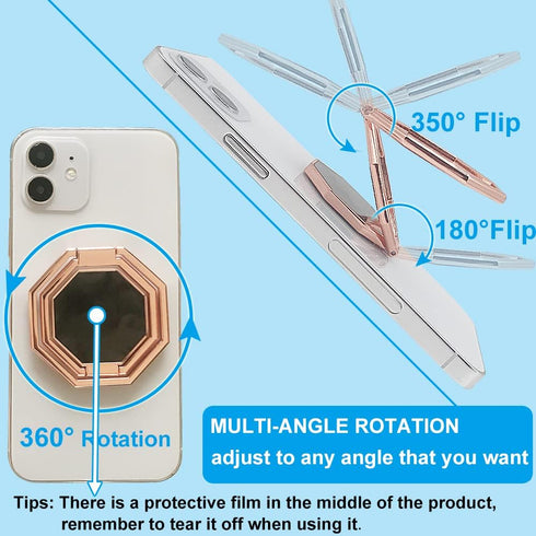 Cellphone Ring Holder Finger Kickstand, Foldable 360° Rotation Cell Phone Stand for Desk, Magnetic Car Mount, Metal Multi-Angle for Phone Back Gri...