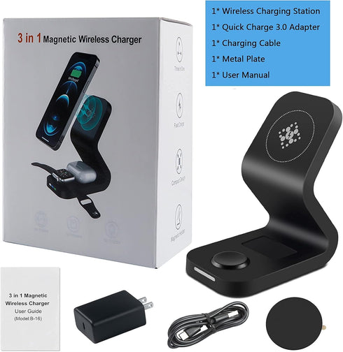 3 in 1 Magnetic Wireless Charger,15W Fast Mag-Safe Charging Station Stand for iPhone 13/13 Pro/13 Pro Max/13 Mini,12/12 Pro/12 Mini/11/X/XR, iWatc...