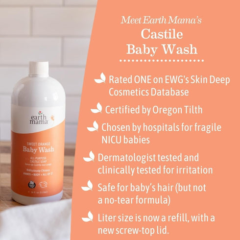 Earth Mama Sweet Orange Baby Wash Liquid Hand Soap Refill, Organic Body Wash for Sensitive Skin, All Purpose Castile Soap Liquid with Coconut Oil,...