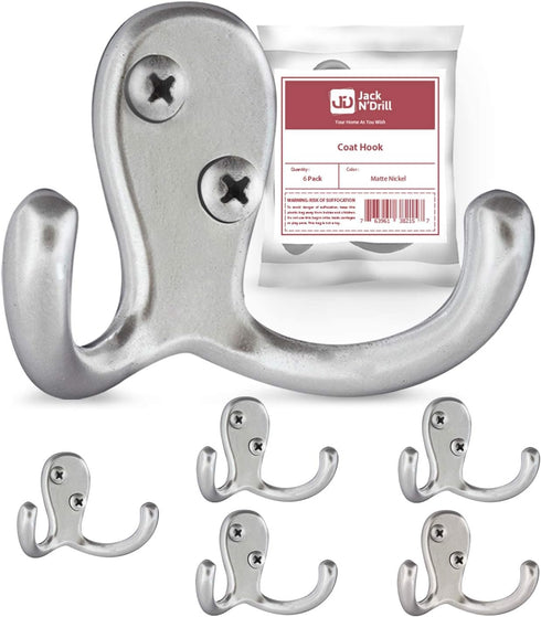 Jack N’ Drill Coat Hook 5+1 Pack in Matte Nickel, Heavy Duty and Easy to Install Two-Prong Wall Hooks for Towels, Coats, Hats, Bags and Robes Idea...