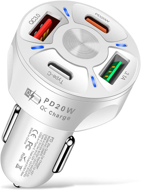 4 Ports Car Fast Charging Charger Cigarette Lighter Adapter, Super Fast Auto Charging Cigarette Lighter Plug with QC 3.0, PD 20W, Type C, 3.1 A, V...
