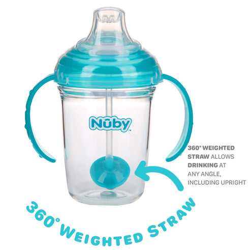 Nuby No Spill 360 Weighted Straw Grip N' Sip Tritan Cup with Hygienic Cover, 8 Oz, Trainer Cup, Teal...