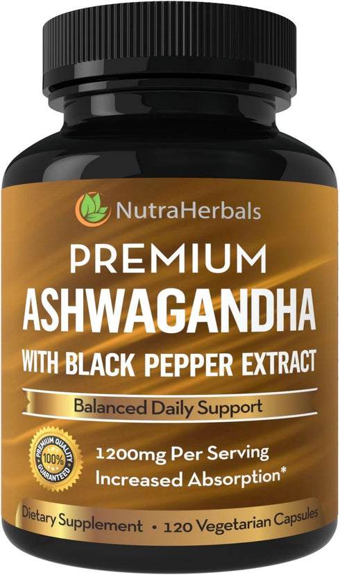Ashwagandha Supplement Made with Premium Ashwaganda Root Powder 1200mg with Black Pepper Extract for Increased Absorption - 120 Vegi Capsules...